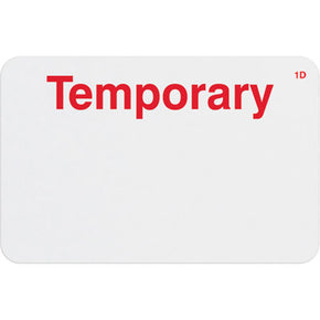 1-day single-piece adhesive expiring badge (handwritten) with printed "TEMPORARY"