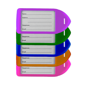 Rigid Plastic Neon Luggage Tag Holders, purple-green-orange-pink, 3-1/4" x 1-7-8" (insert), 2" x 4-1-2" (rear imprint)