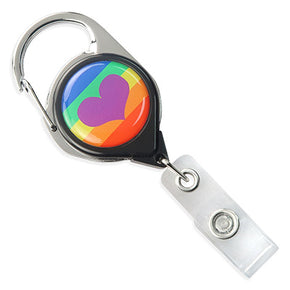 Black Carabiner Badge Reel with rainbow colors and purple heart, vinyl strap. | IDenticard.ca