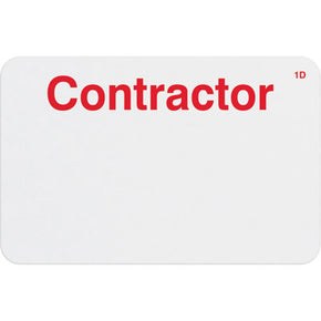 1-day single-piece adhesive expiring badge (handwritten) with printed "CONTRACTOR"