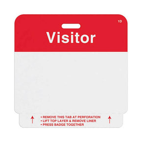 1-day single-piece slotted expiring badge (handwritten) with printed red "VISITOR" bar