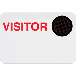 Adhesive badge back (handwritten) with spot expiration area and printed "VISITOR"