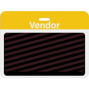 Large slotted expiring badge back with printed yellow "VENDOR" bar