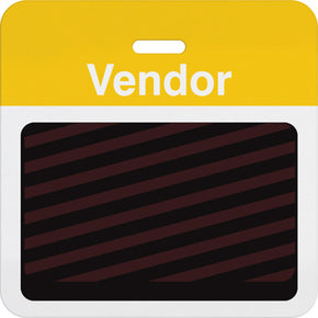 Slotted expiring badge back with printed yellow "VENDOR" bar