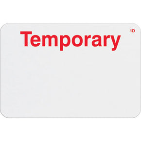 1-day expiring badge front (handwritten) with printed "TEMPORARY"