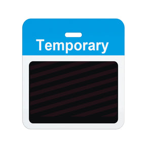 Slotted expiring badge back with printed process blue "TEMPORARY" bar